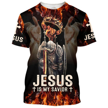 FUNSTUFFPRINT Jesus Is My Savior Shirts - Knights And Crown Of Thorns Christian 3D T-shirt