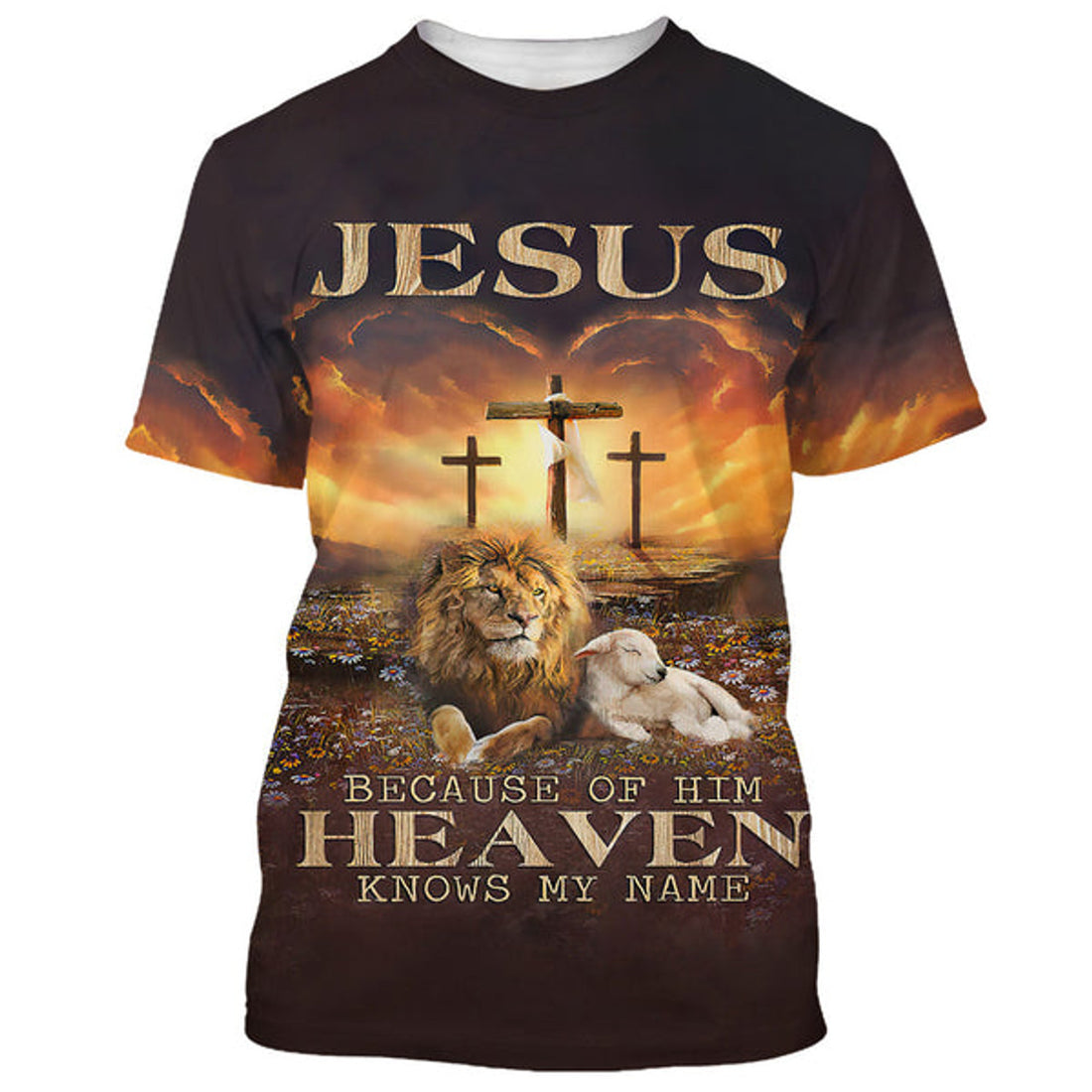 FUNSTUFFPRINT Jesus Lion And Lamb Jesus Because Of Him Heaven Knows My Name 3D T-Shirts - Christian Shirts For Men&Women 3D T-shirt
