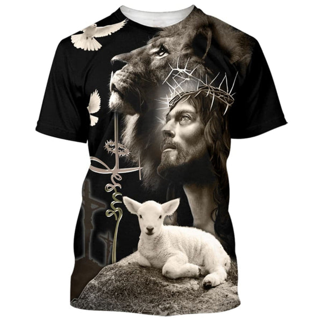 FUNSTUFFPRINT Jesus Lion And The Lamb Black Christian 3D T-shirt