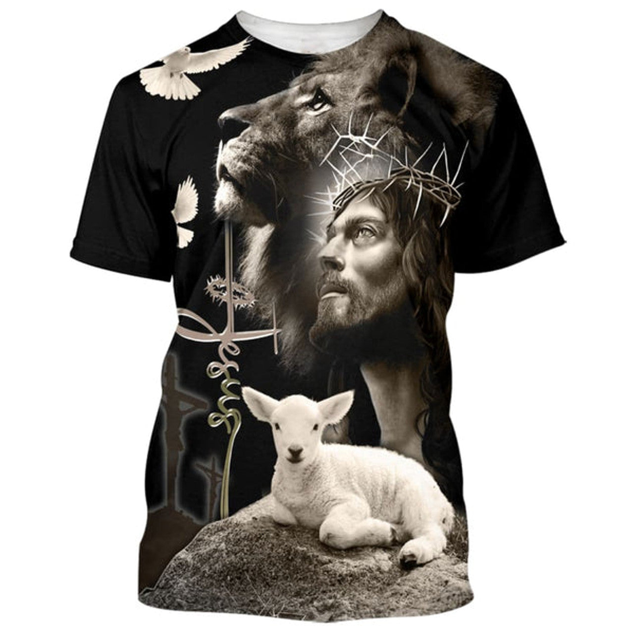 FUNSTUFFPRINT Jesus Lion And The Lamb Black Christian 3D T-shirt