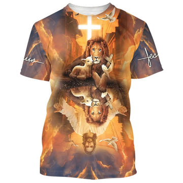 FUNSTUFFPRINT Jesus Lion And The Lamb Dove Christian 3D T-shirt