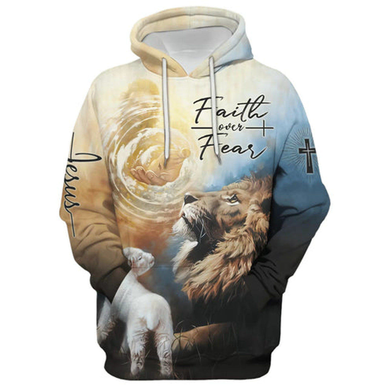 FUNSTUFFPRINT 3D Jesus Lion Faith Over Fear Christ Flag 3D Hoodie and Zip Hoodie