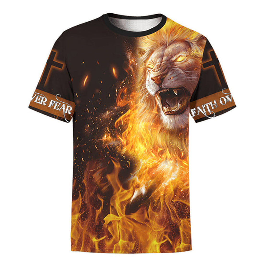 FUNSTUFFPRINT Jesus Lion Fire Faith Over Fear Christian 3D T-shirt