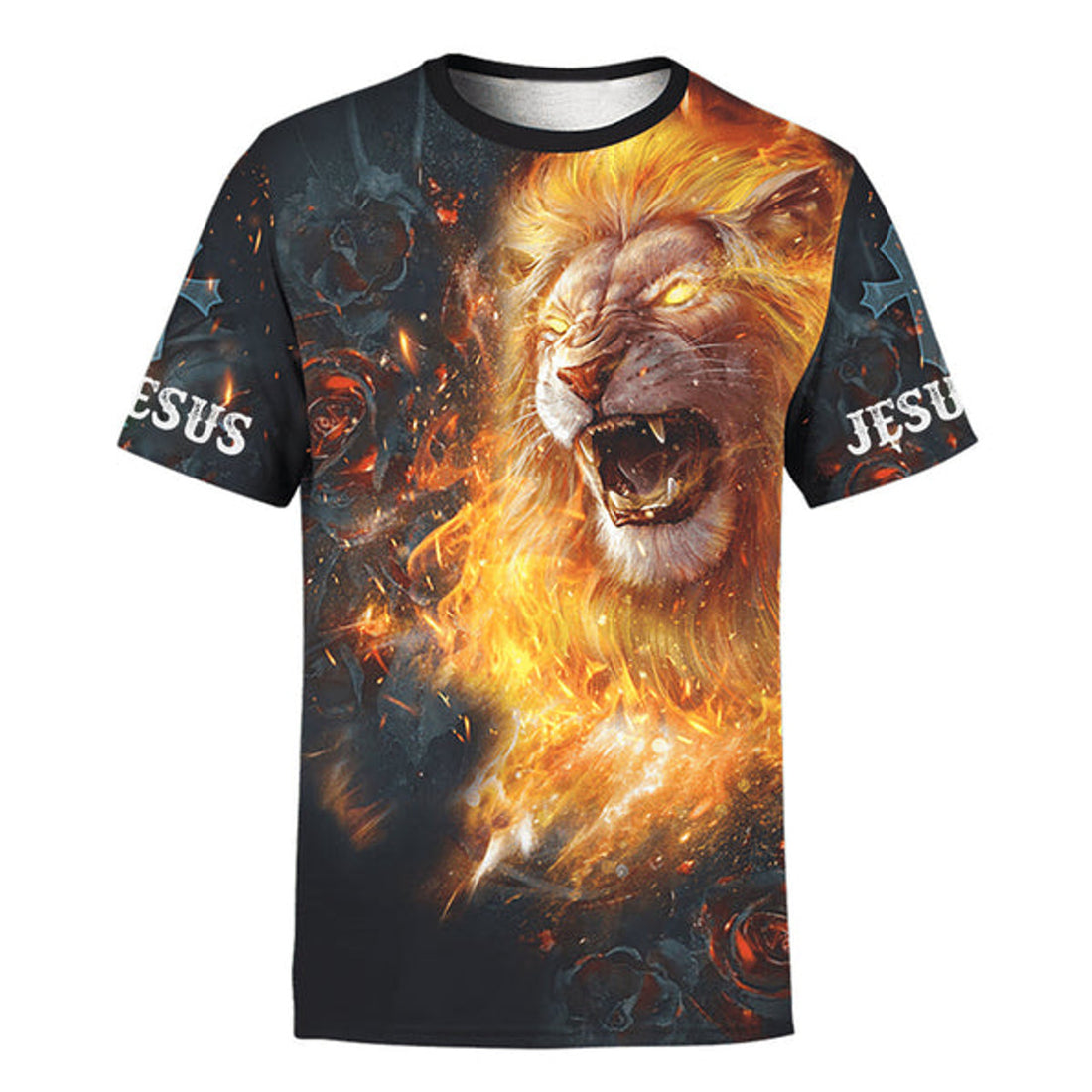 FUNSTUFFPRINT Jesus Lion King Of The Kings Burning Rose Christian 3D T-shirt