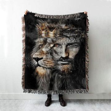 Jesus Lion Of Judah Crown Of Thorn Woven Throw Blanket - Christian Woven Blanket Prints - Bible Verse Woven Blanket Art