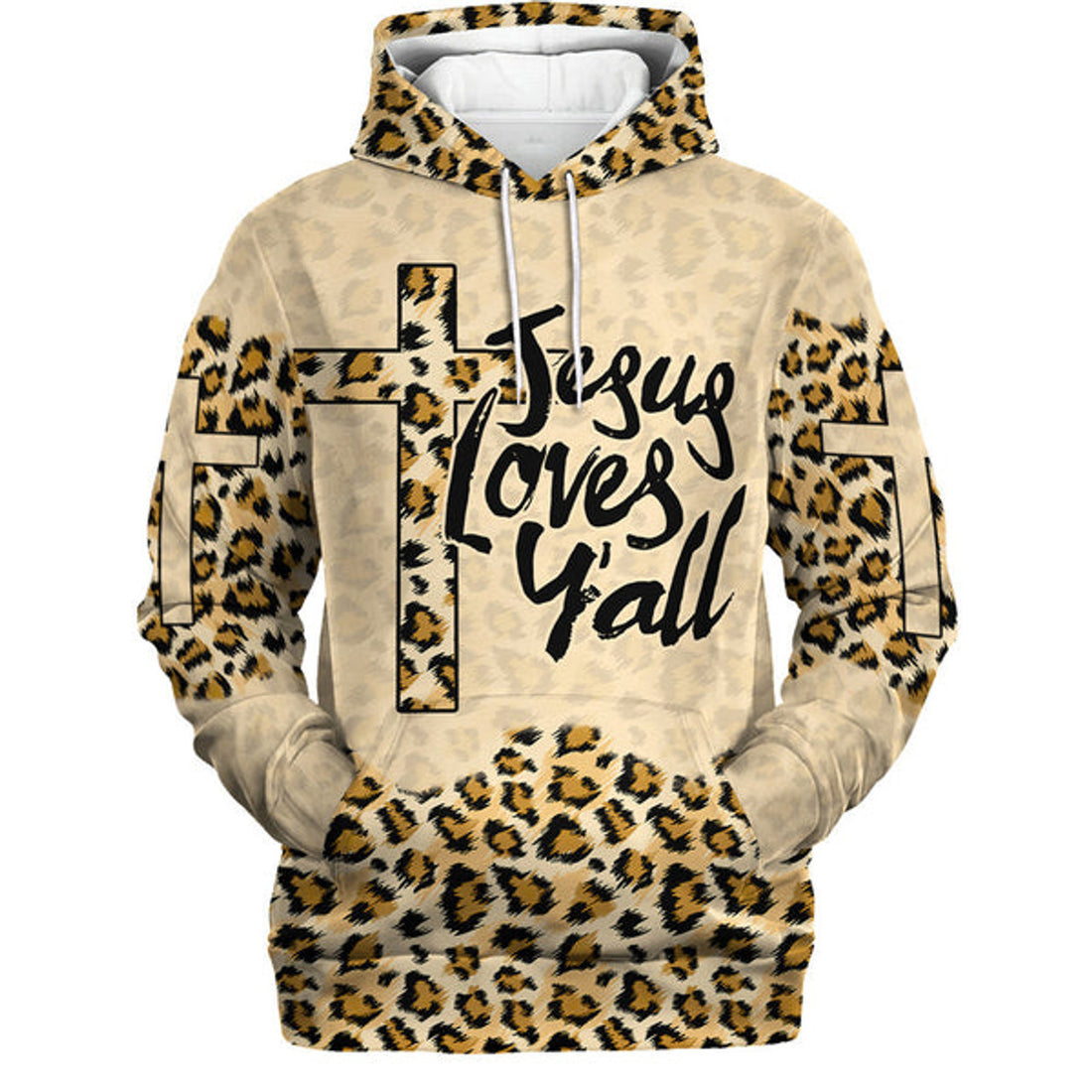 FUNSTUFFPRINT 3D Jesus Loves Y'all Cross Leopard Skin Pattern Hoodies Jesus Hoodie Men & Women Christian 3D Hoodie and Zip Hoodie