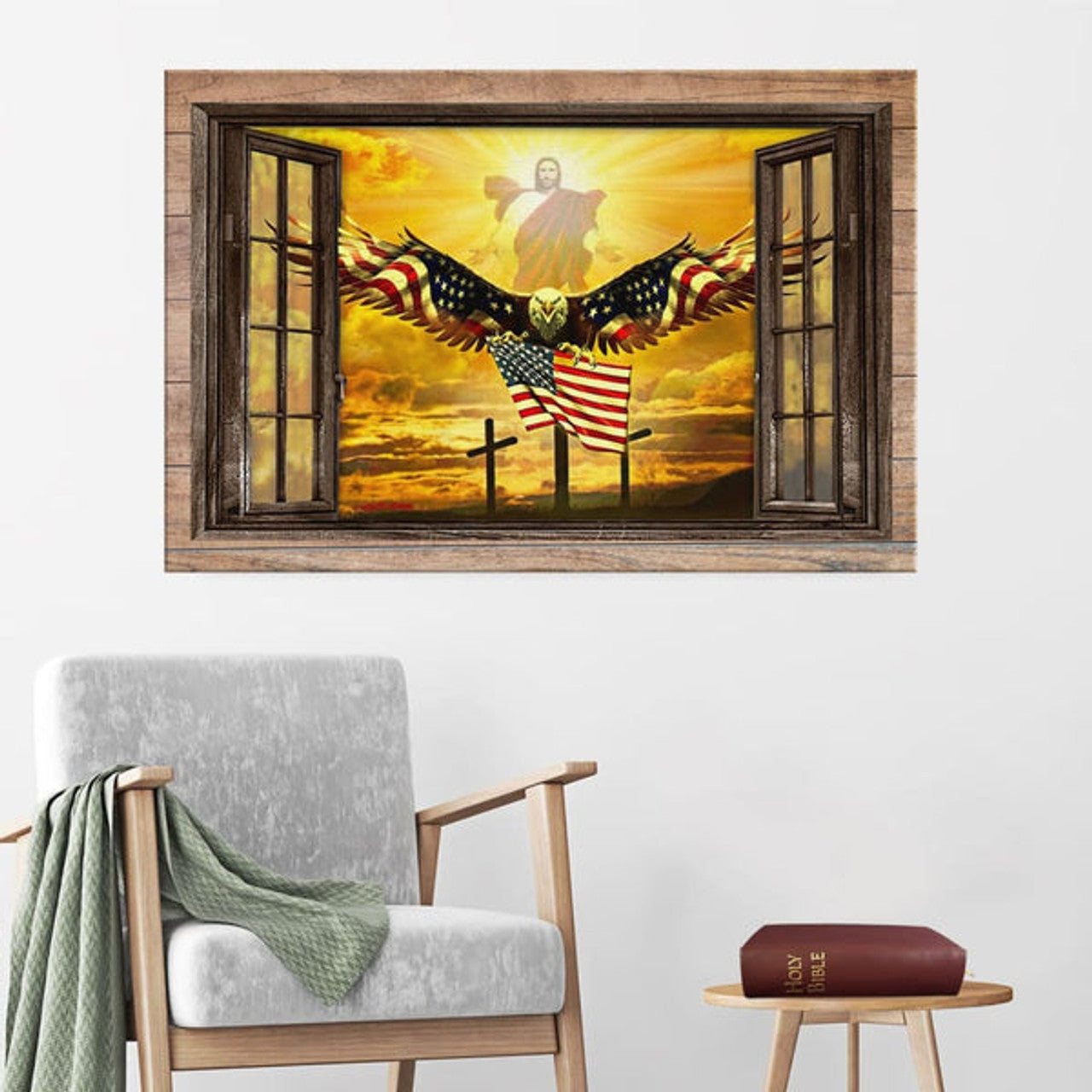 Jesus Open Arms Bald Eagle American Flag Canvas Wall Art - Christian Canvas - Faith Canvas