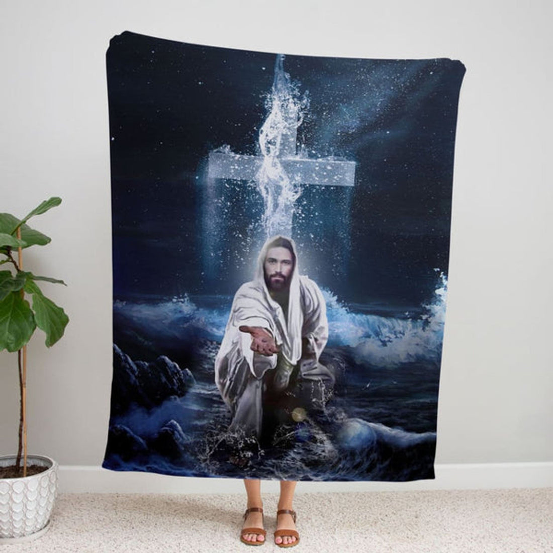 FUNSTUFFPRINT Jesus Outstretched Hands Saves 2 Fleece Blanket - Christian Blanket - Bible Verse Blanket