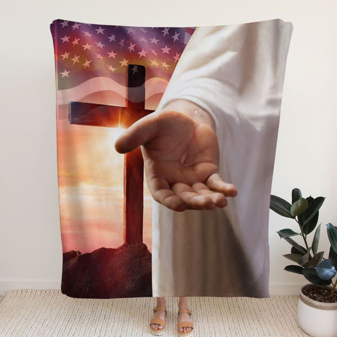 FUNSTUFFPRINT Jesus Outstretched Hands Saves Fleece Blanket - Christian Blanket - Bible Verse Blanket