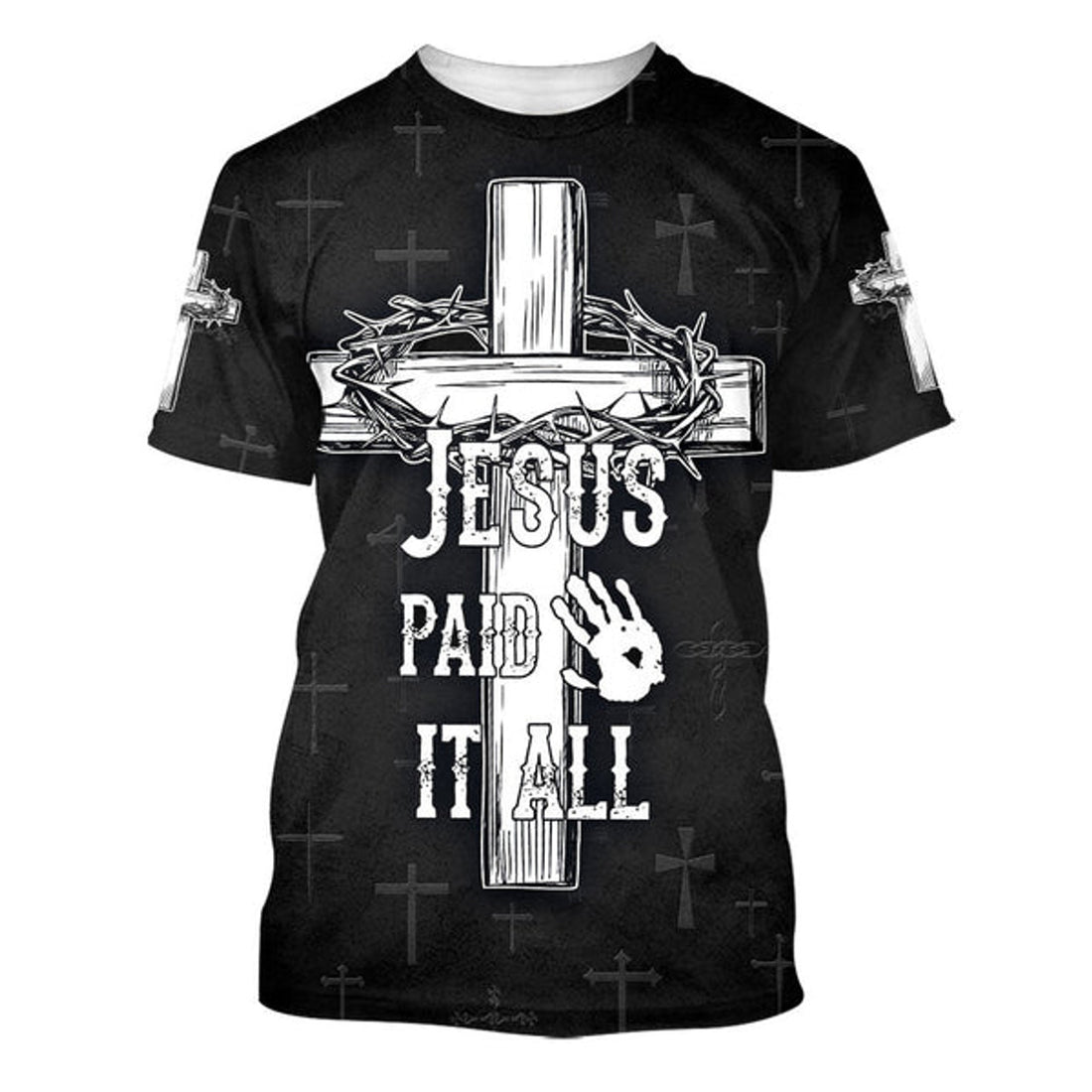 FUNSTUFFPRINT Jesus Paid It All Cross Crown Of Thorns Christian 3D T-shirt