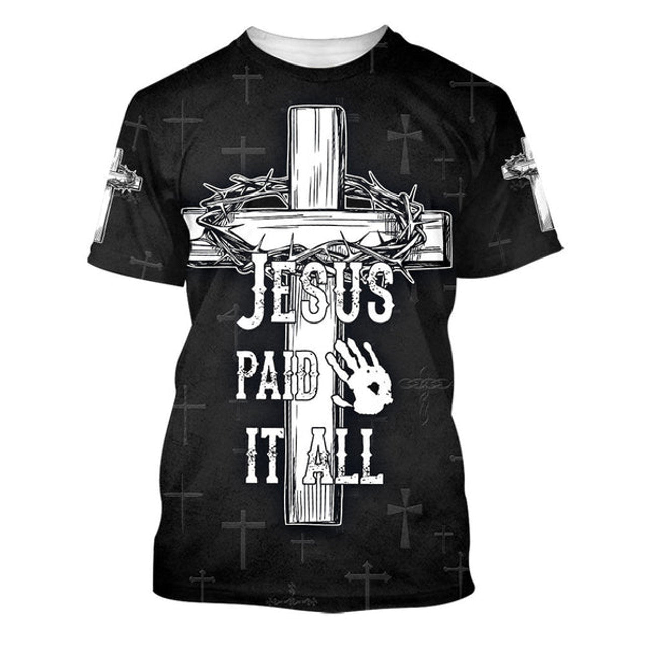 FUNSTUFFPRINT Jesus Paid It All Cross Crown Of Thorns Christian 3D T-shirt