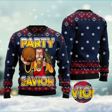 FUNSTUFFPRINT Jesus Party Savior Ugly Christmas Sweater - Xmas Gifts For Him Or Her - Jesus Christ Sweater - Christian Shirts Gifts Idea Ugly  Sweater