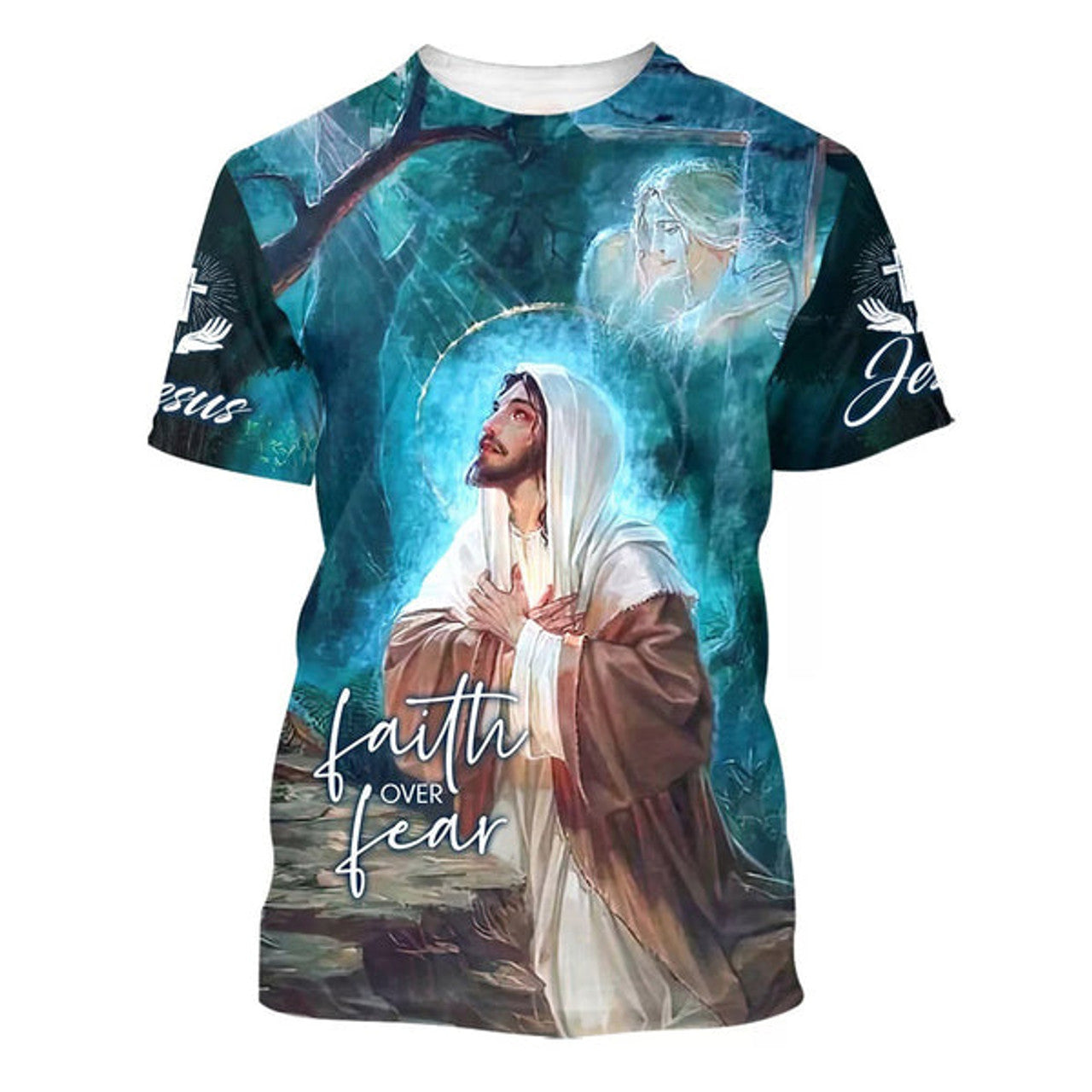 FUNSTUFFPRINT Jesus Picture Faith Over Fear Christian 3D T-shirt