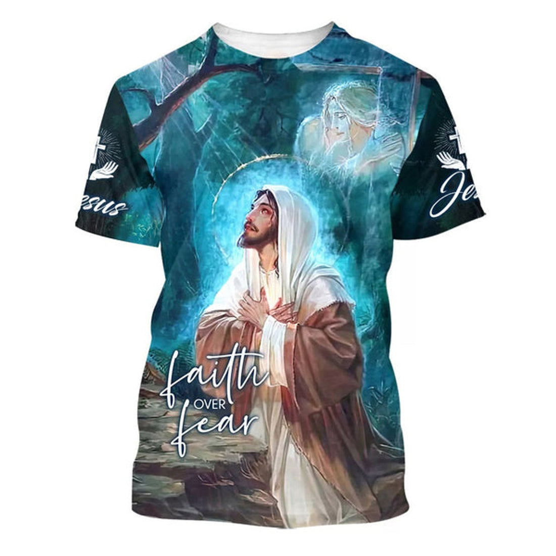 FUNSTUFFPRINT Jesus Picture Faith Over Fear Christian 3D T-shirt