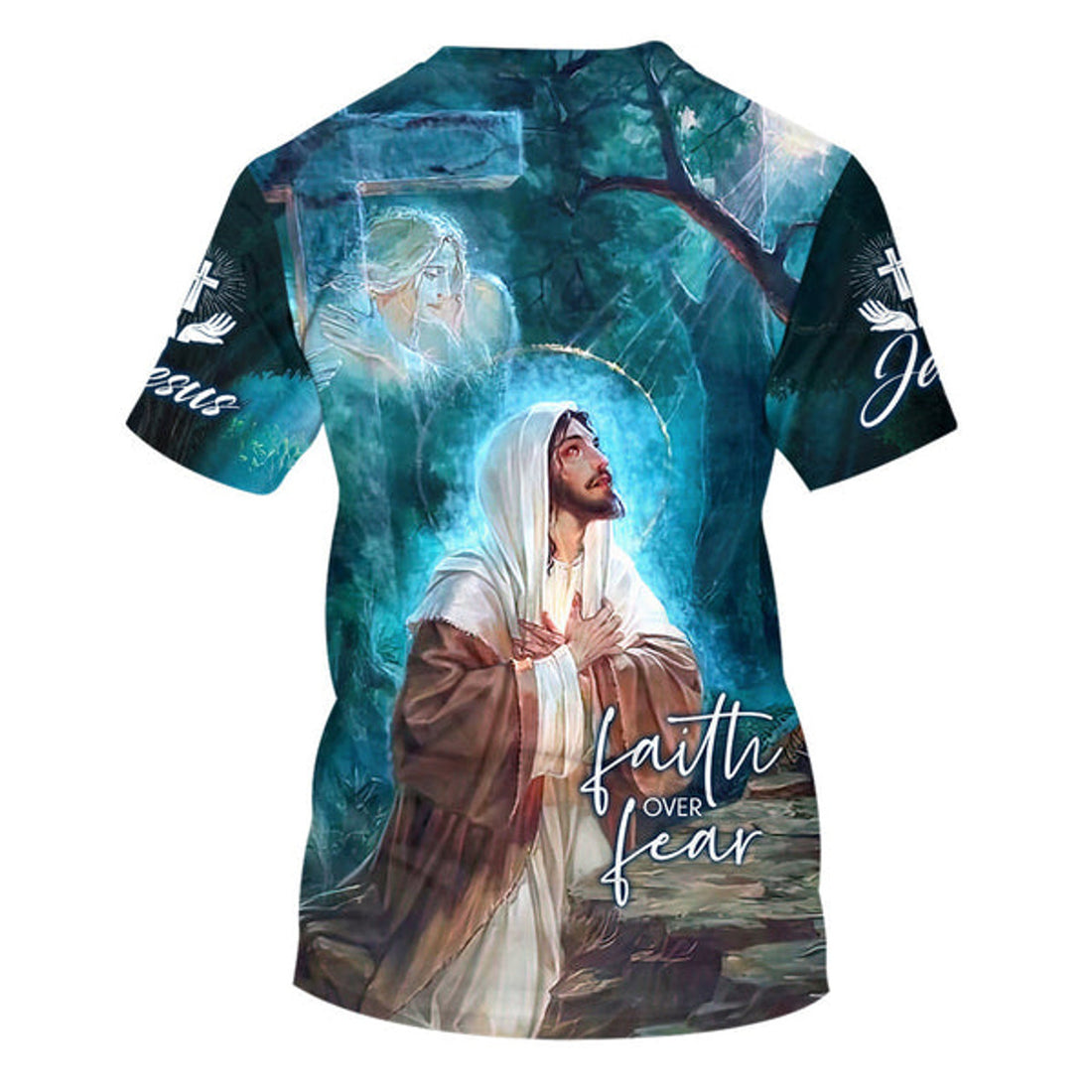 FUNSTUFFPRINT Jesus Picture Faith Over Fear Christian 3D T-shirt
