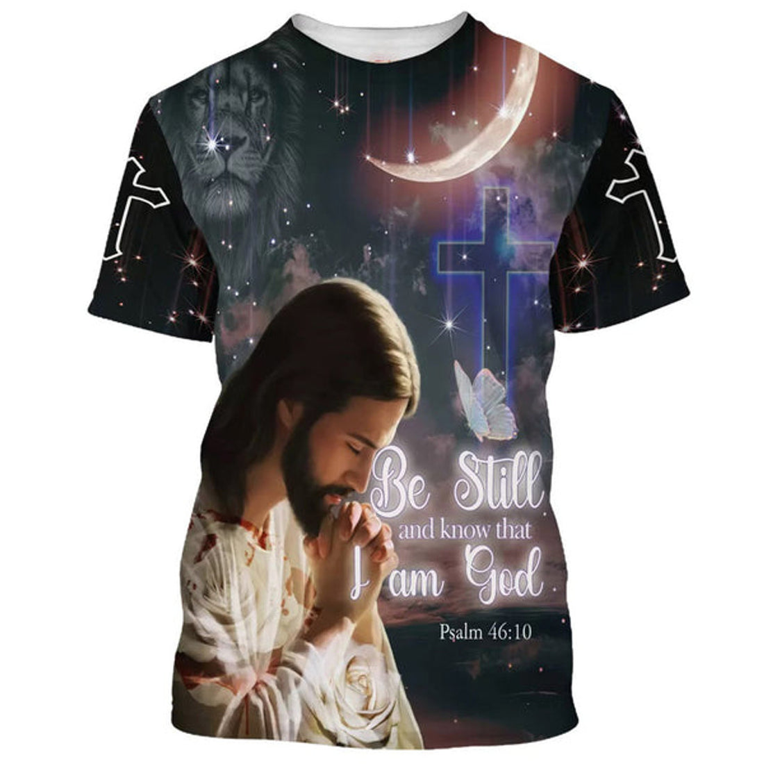 FUNSTUFFPRINT Jesus Pray Be Still And Know That I Am God Christian 3D T-shirt