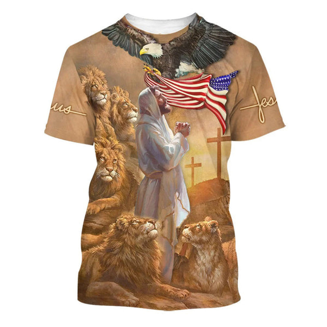 FUNSTUFFPRINT Jesus Pray Lion And Eagle American Christian 3D T-shirt
