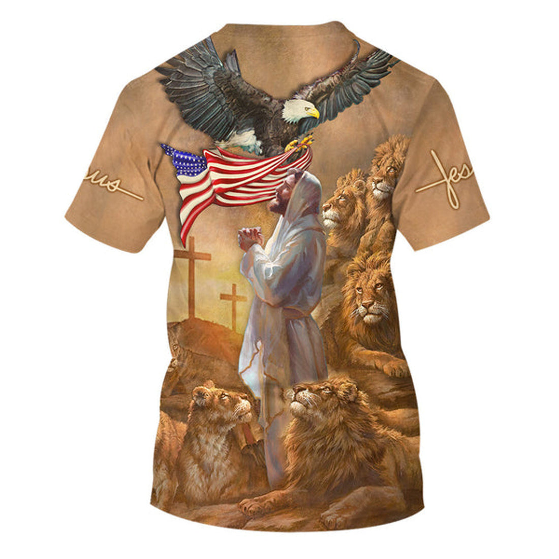 FUNSTUFFPRINT Jesus Pray Lion And Eagle American Christian 3D T-shirt