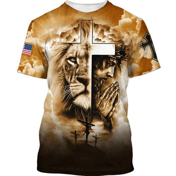 FUNSTUFFPRINT Jesus Prayer And The Lion Of Judah Christian 3D T-shirt