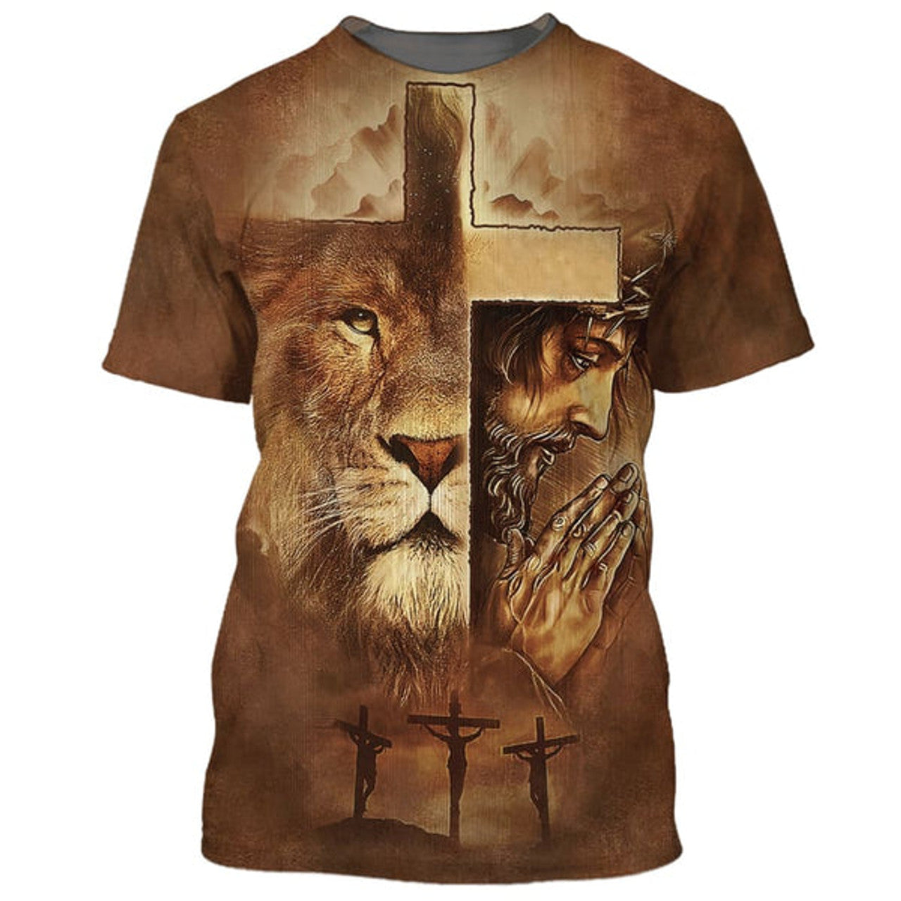 FUNSTUFFPRINT Jesus Prayer Lion Of Judah Cross Christian 3D T-shirt