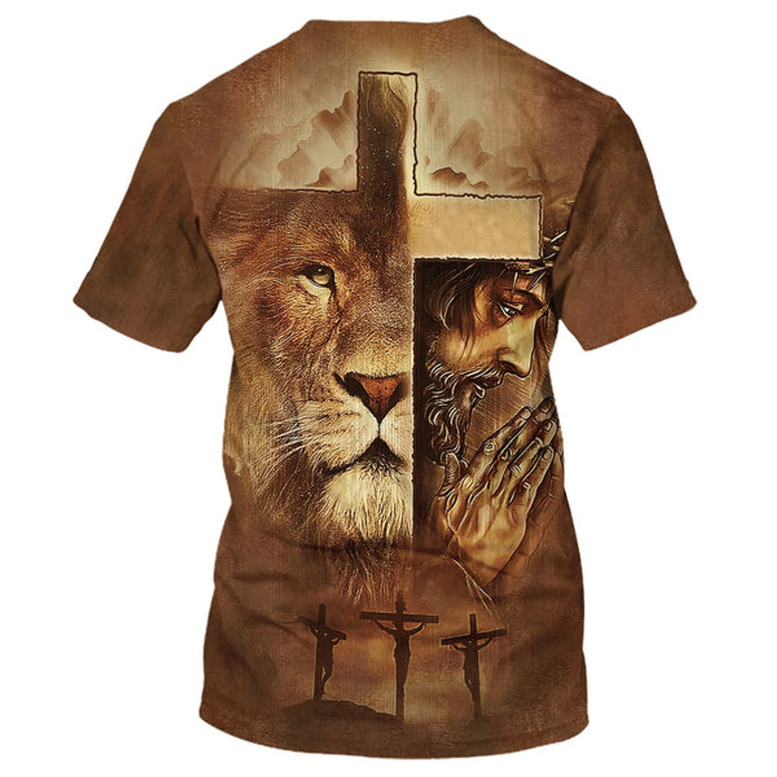 FUNSTUFFPRINT Jesus Prayer Lion Of Judah Cross Christian 3D T-shirt