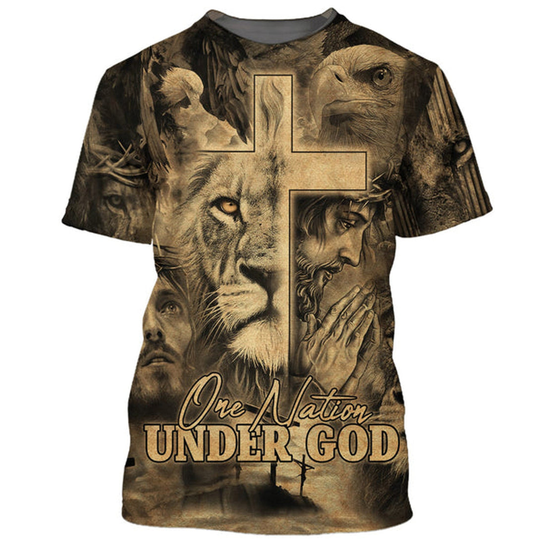FUNSTUFFPRINT Jesus Prayer Lion One Nation Under God 3D All Over Printed Shirt for Men and Women
 3D T-shirt