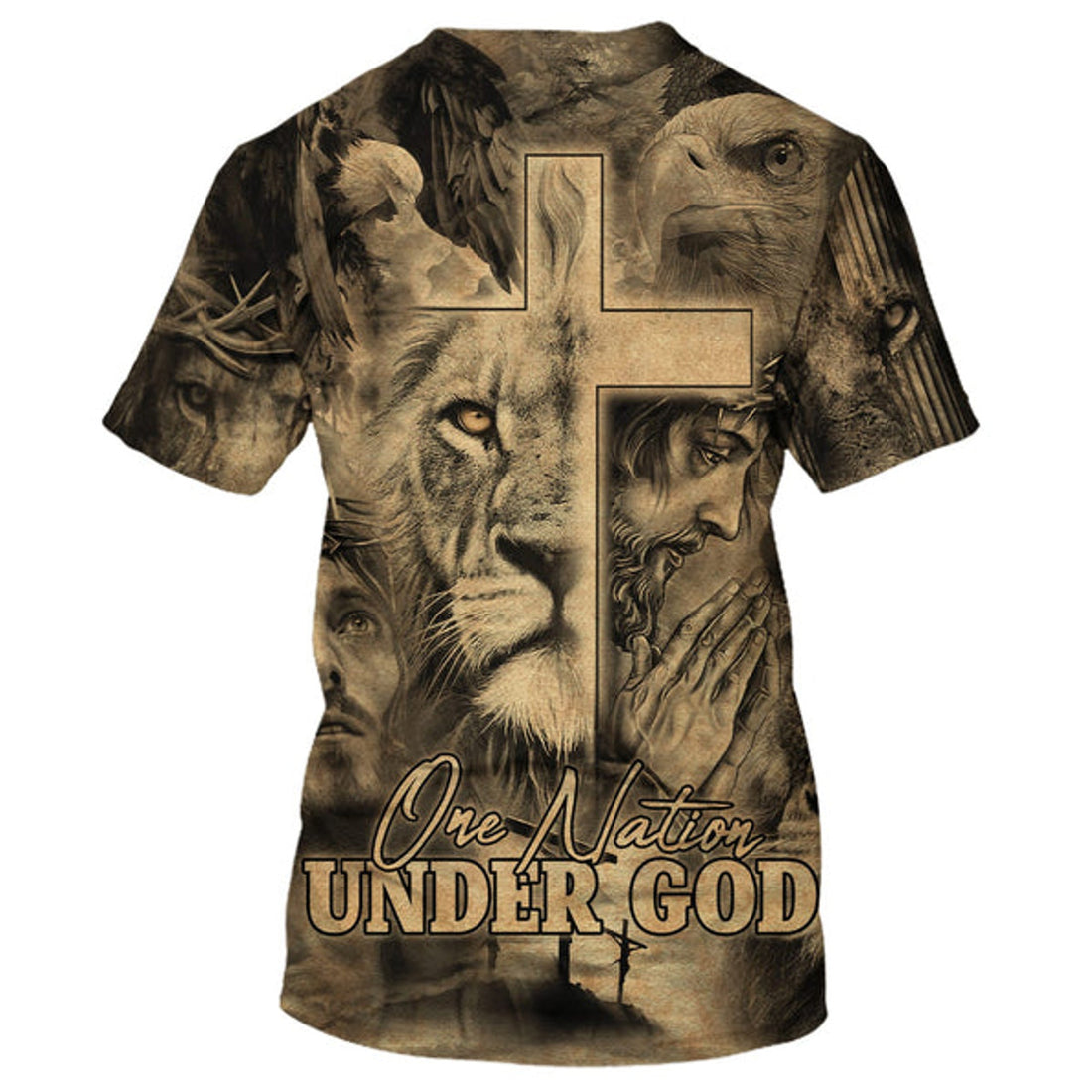 FUNSTUFFPRINT Jesus Prayer Lion One Nation Under God 3D All Over Printed Shirt for Men and Women
 3D T-shirt