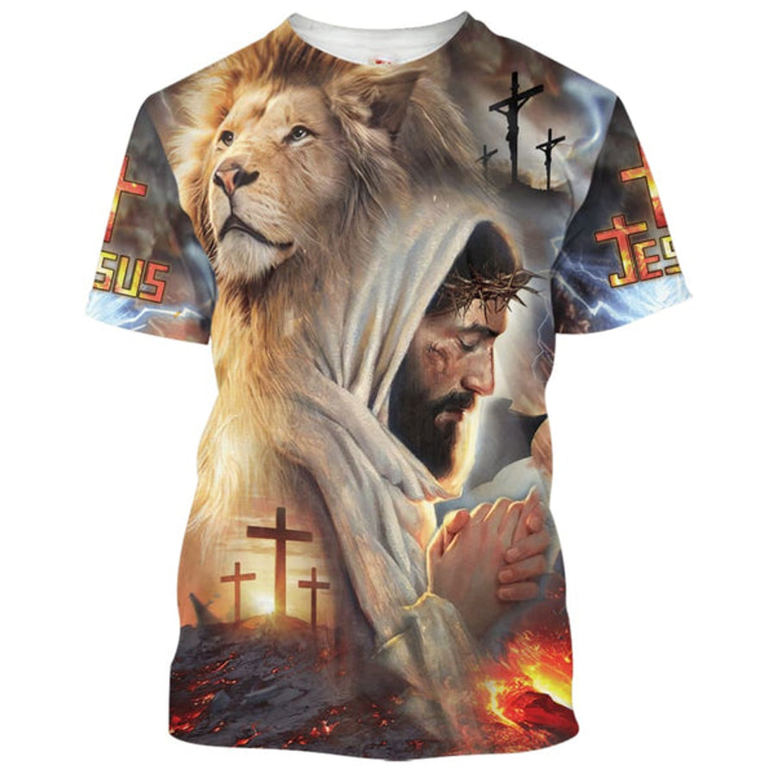 FUNSTUFFPRINT Jesus Prayer With Lion Christian 3D T-shirt