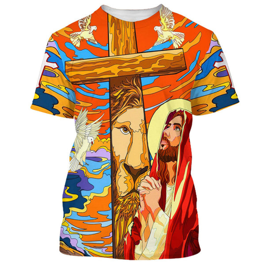 FUNSTUFFPRINT Jesus Praying Lion Of Judah Christian Cross Faith Christian 3D T-shirt