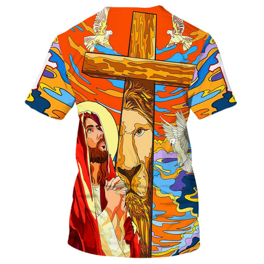 FUNSTUFFPRINT Jesus Praying Lion Of Judah Christian Cross Faith Christian 3D T-shirt