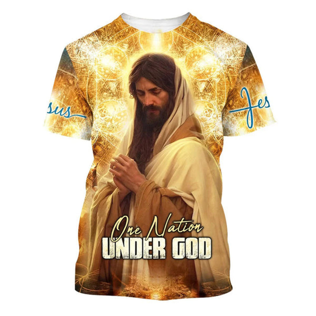 FUNSTUFFPRINT Jesus Praying One Nation Under God Christian 3D T-shirt
