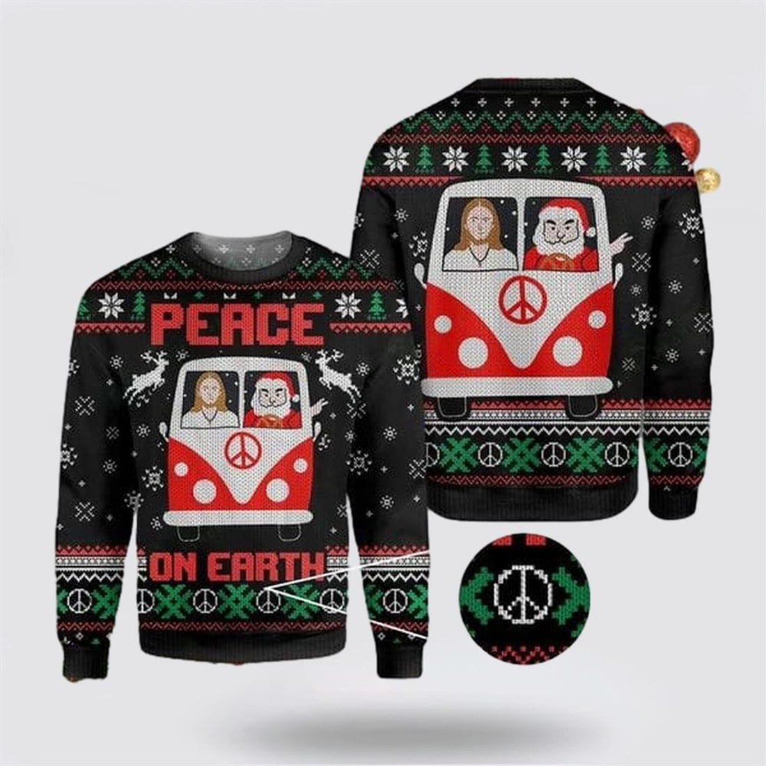 FUNSTUFFPRINT Jesus & Santa Peace On Earth Ugly Christmas Sweater For Men & Women – Gifts For Christians Ugly  Sweater
