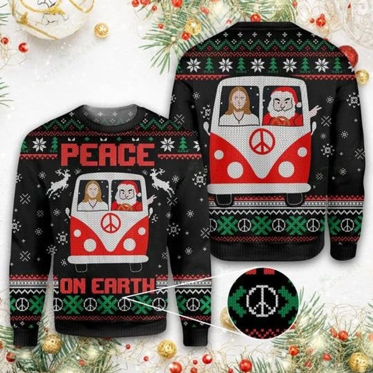 FUNSTUFFPRINT Jesus & Santa Peace On Earth Ugly Christmas Sweater For Men & Women - Jesus Christ Sweater - Christian Shirts Gifts Idea Ugly  Sweater