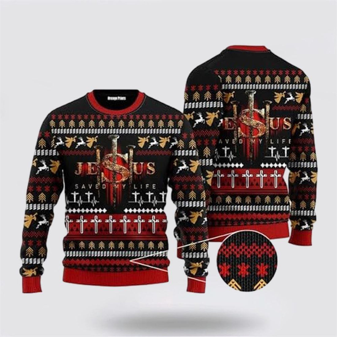 FUNSTUFFPRINT Jesus Saved My Life Ugly Christmas Sweater – Christmas Gifts For Christian Ugly  Sweater
