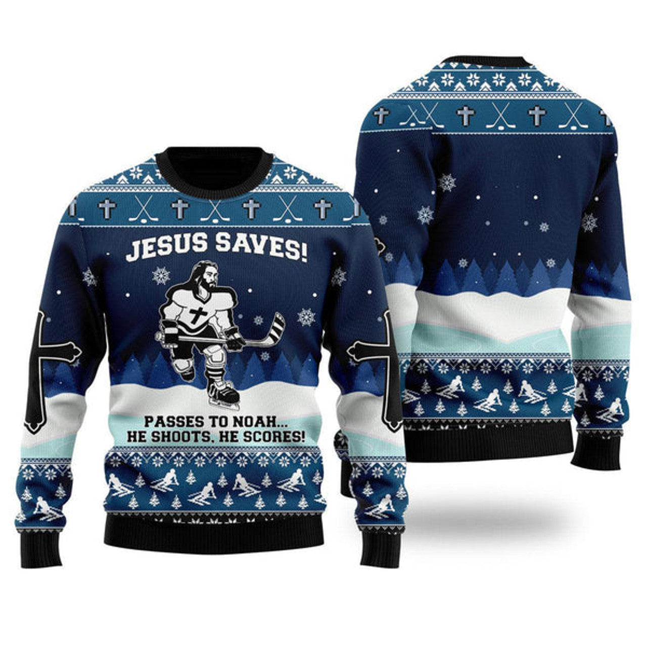 FUNSTUFFPRINT Jesus Saves Hockey Ugly Christmas Sweater For Men & Women - Jesus Christ Sweater - Christian Shirts Gifts Idea Ugly  Sweater
