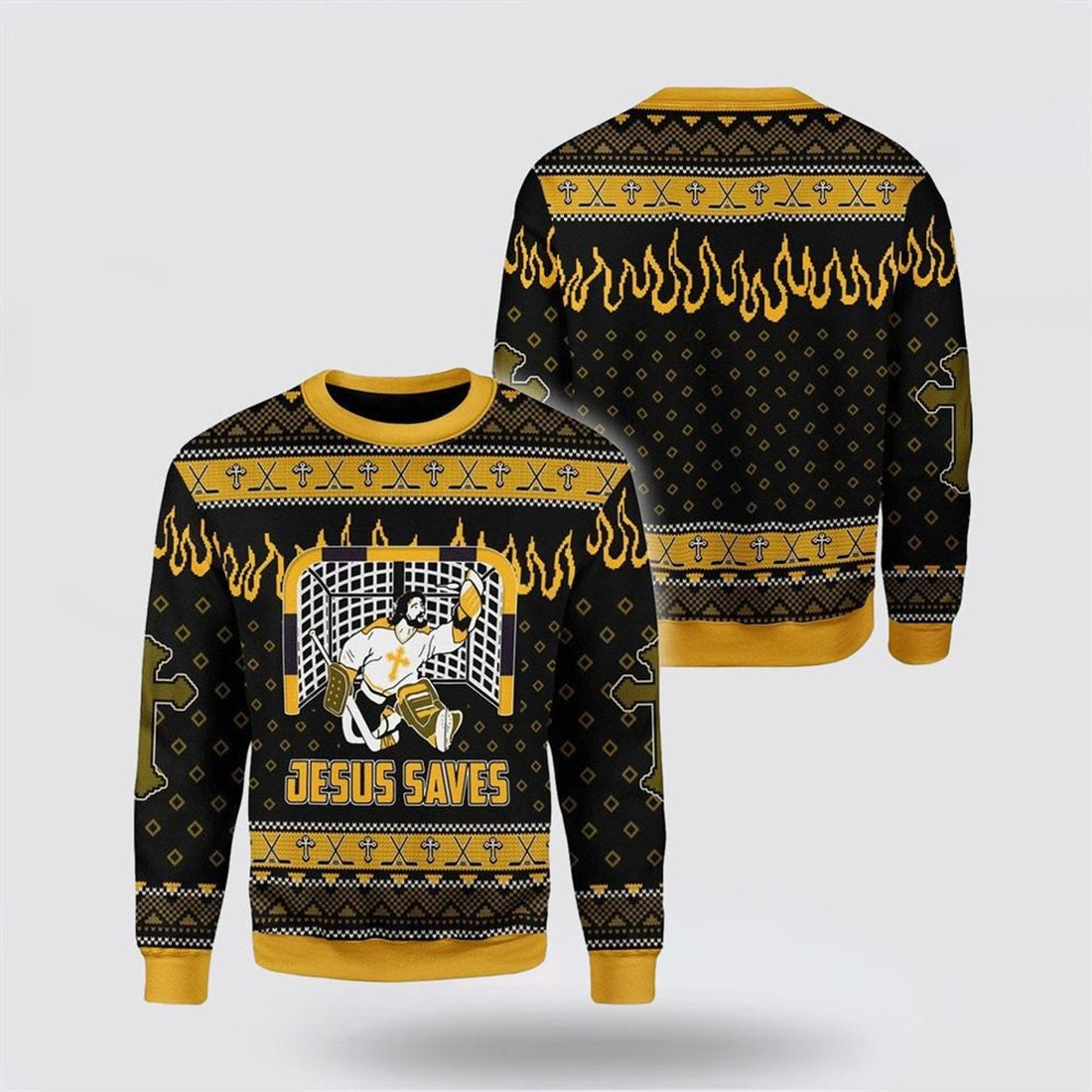 FUNSTUFFPRINT Jesus Saves Hockey Ugly Christmas Sweater For Men & Women Adult – Gifts For Christians Ugly  Sweater