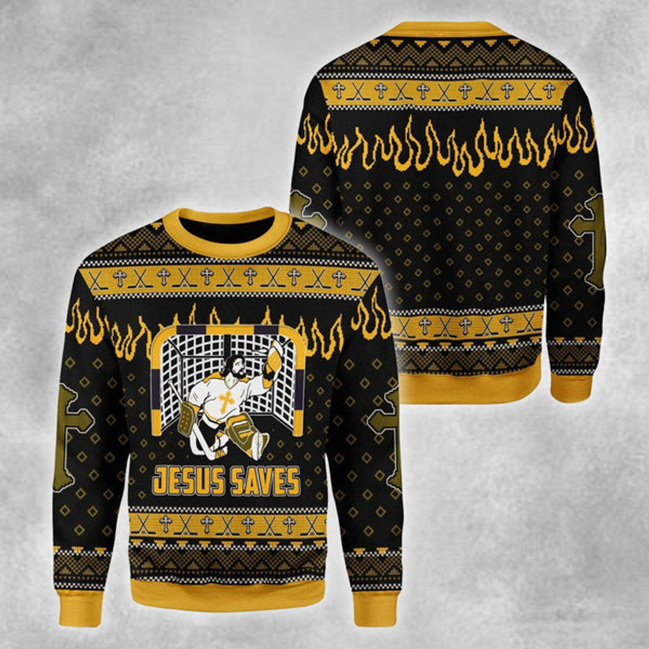 FUNSTUFFPRINT Jesus Saves Hockey Ugly Christmas Sweater For Men & Women Adult - Jesus Christ Sweater - Christian Shirts Gifts Idea Ugly Sweater