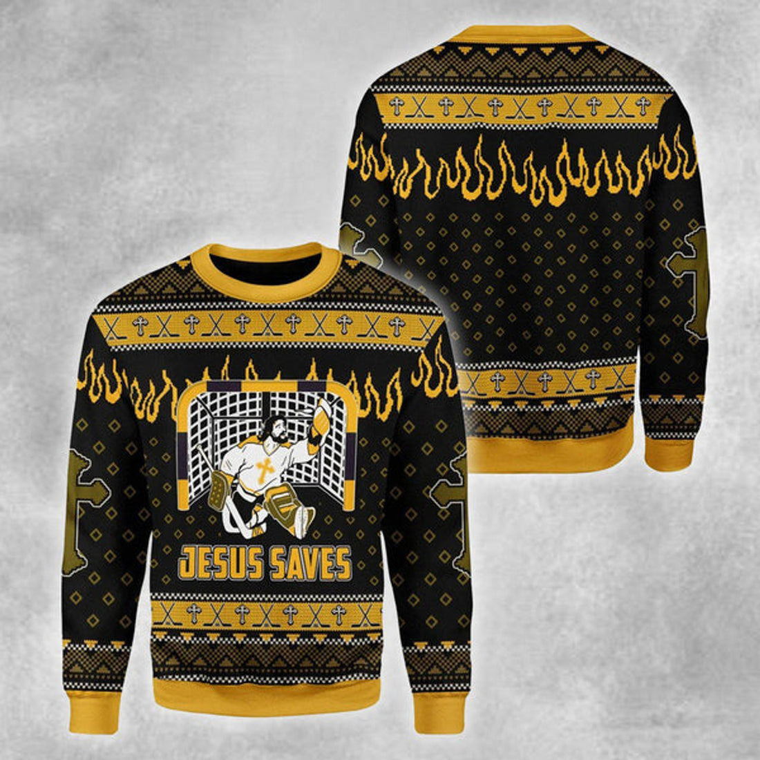 FUNSTUFFPRINT Jesus Saves Hockey Ugly Christmas Sweater For Men & Women Adult - Jesus Christ Sweater - Christian Shirts Gifts Idea Ugly Sweater