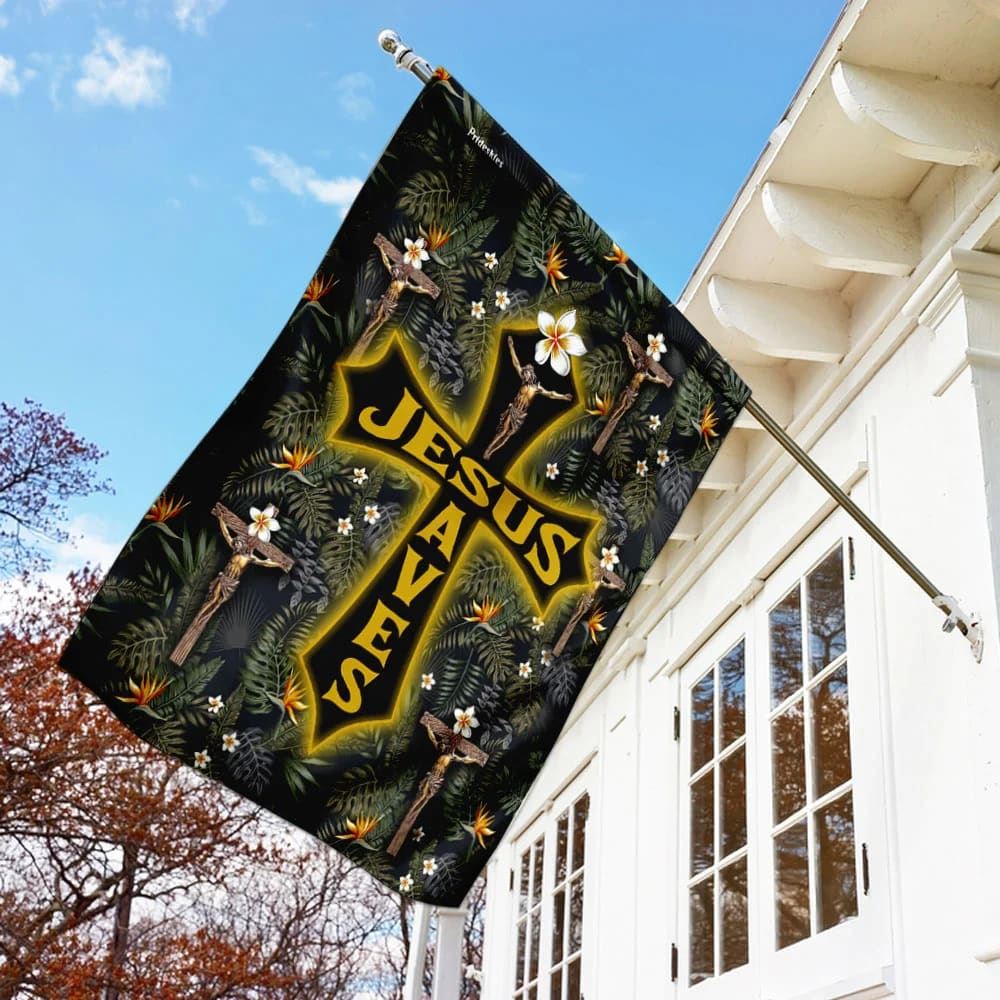 Jesus Saves Tropical Floral Pattern House Flag, Christian Flag, Christian Flag, Scripture Flag, Garden Banner