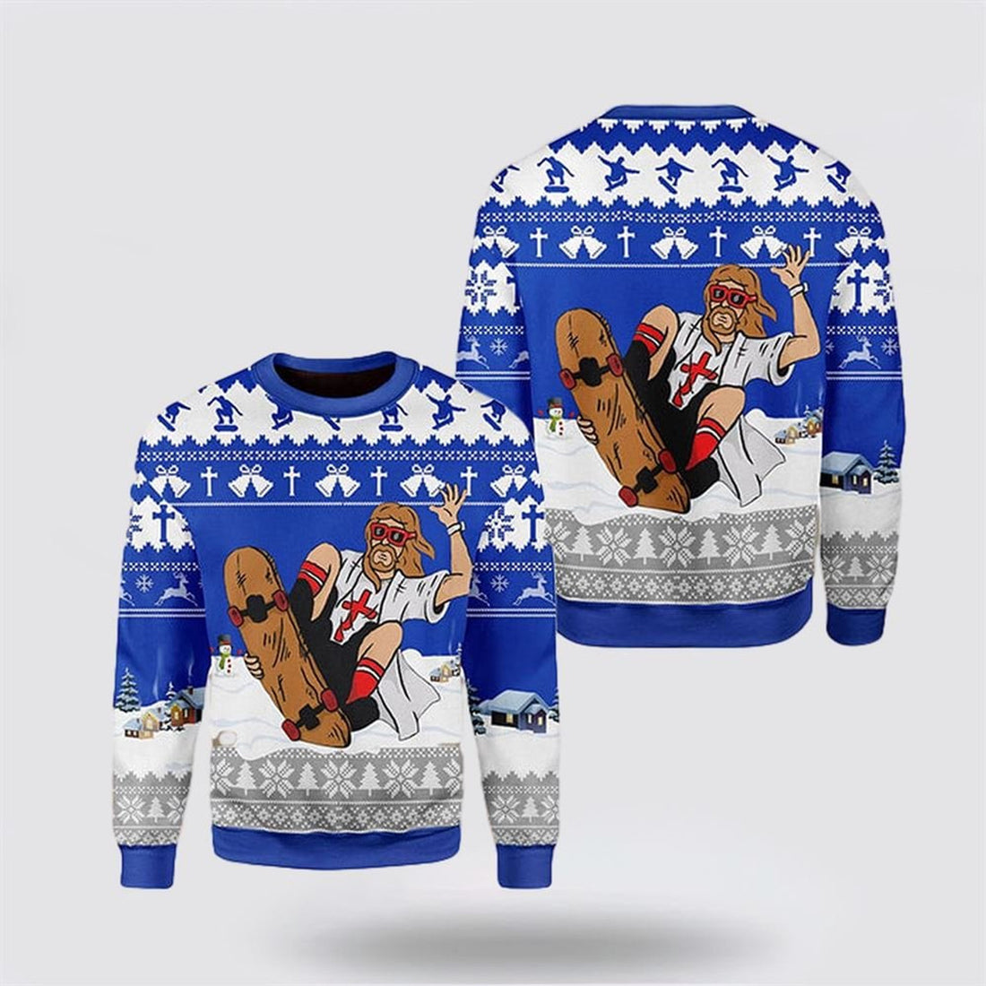 FUNSTUFFPRINT Jesus Skateboarding Christmas Ugly Christmas Sweater For Men & Women – Gifts For Christians Ugly  Sweater