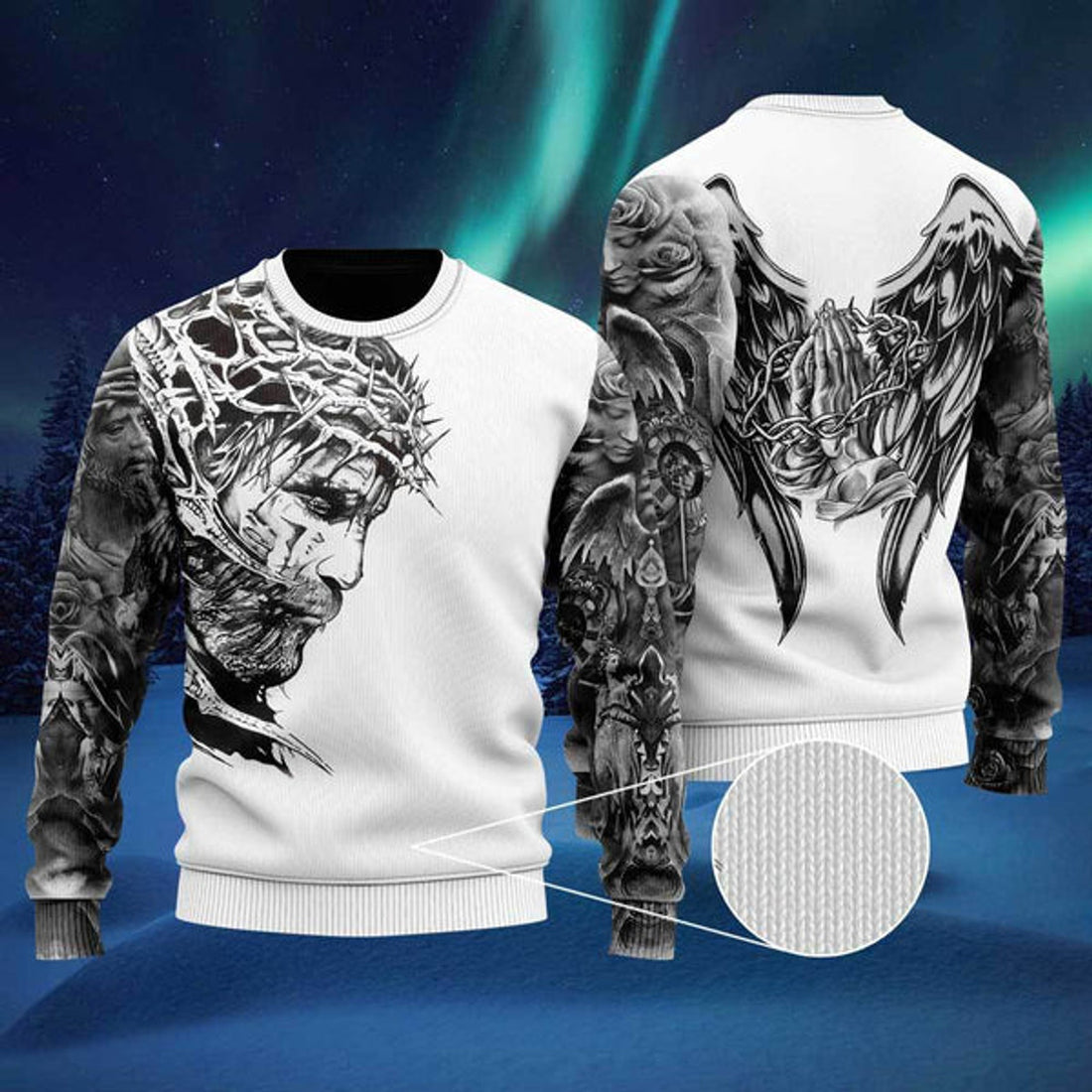 FUNSTUFFPRINT Jesus Tattoo Ugly Christmas Sweater For Men & Women - Jesus Christ Sweater - Christian Shirts Gifts Idea Ugly Sweater