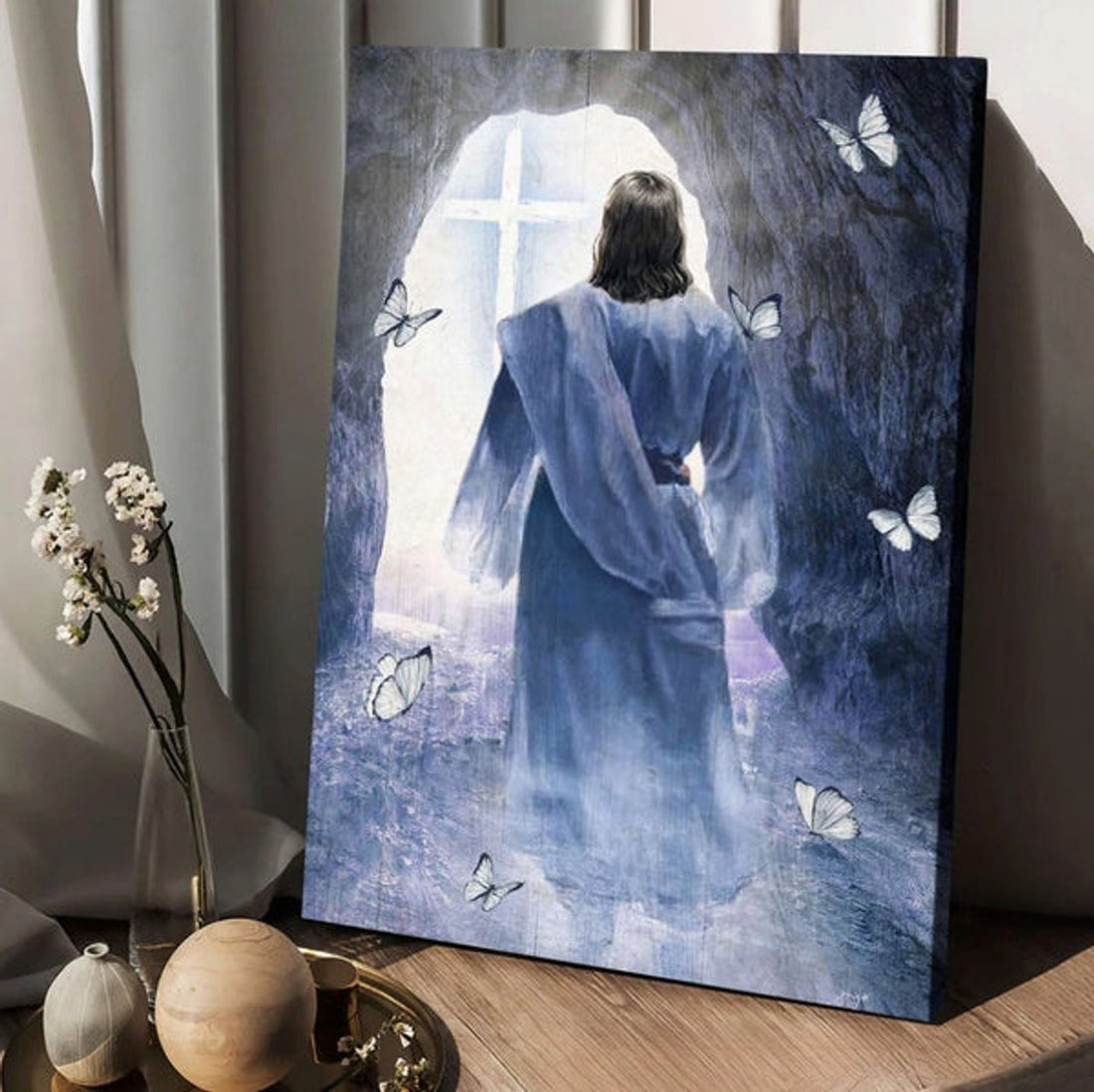 Jesus Walking Butterfly Path To Heaven Cave Painting Canvas Wall Art - Christian Wall Posters - Religious Wall Decor