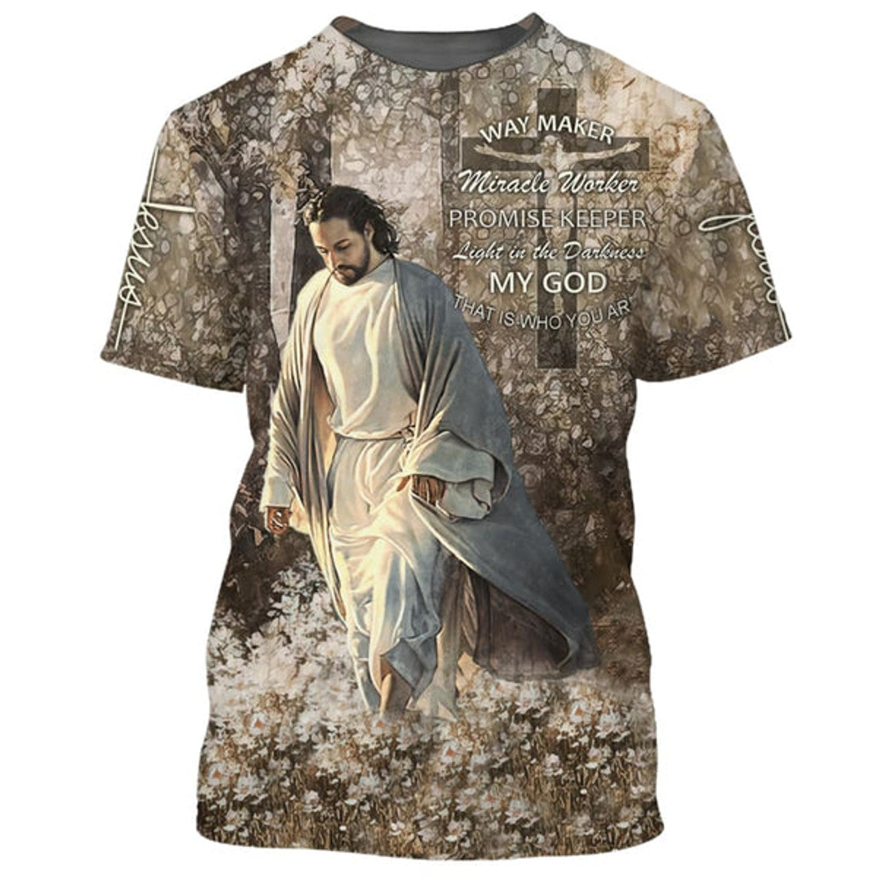 FUNSTUFFPRINT Jesus Walking In The Flower Field Shirts - Way Maker Miracle Worker Christian 3D T-shirt