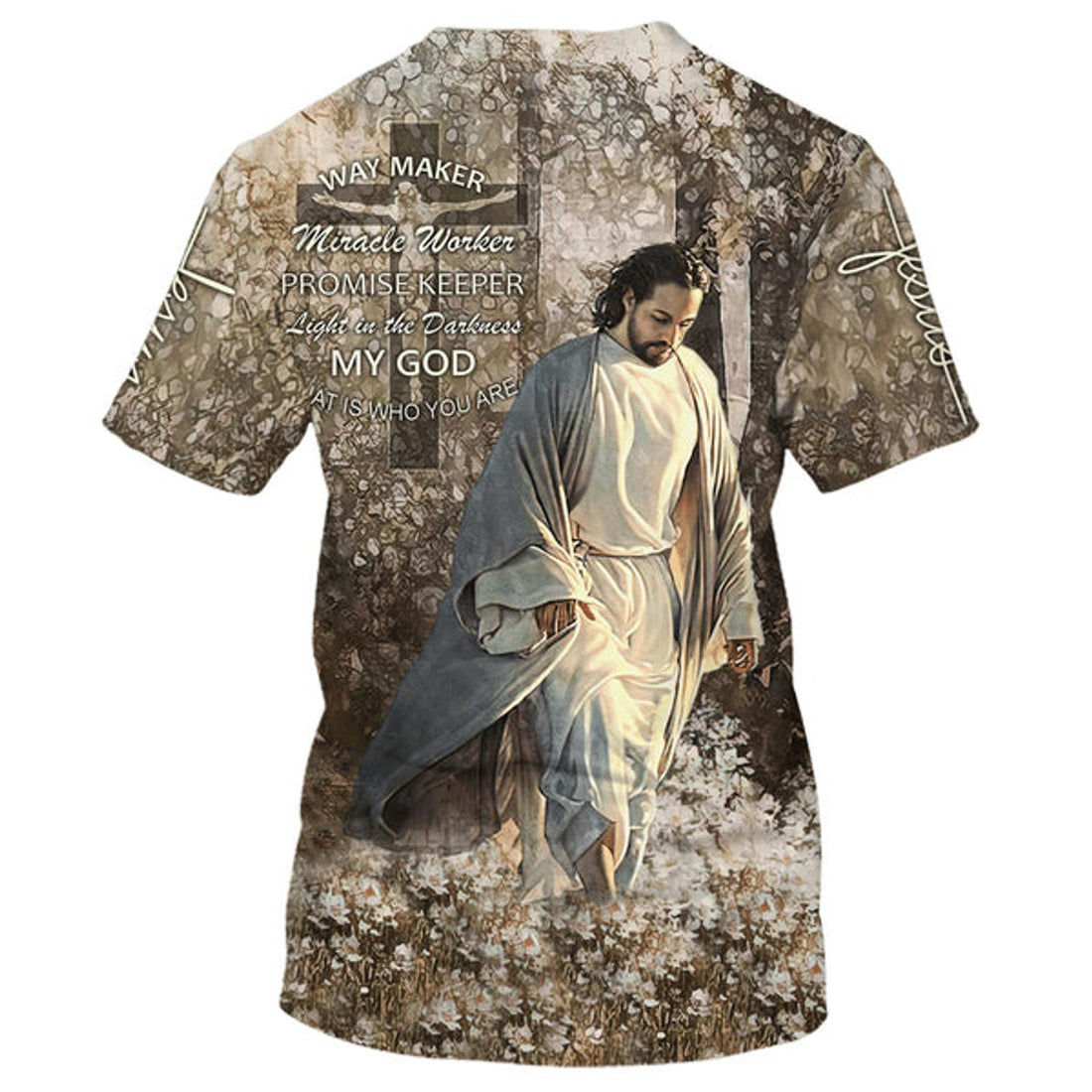 FUNSTUFFPRINT Jesus Walking In The Flower Field Shirts - Way Maker Miracle Worker Christian 3D T-shirt