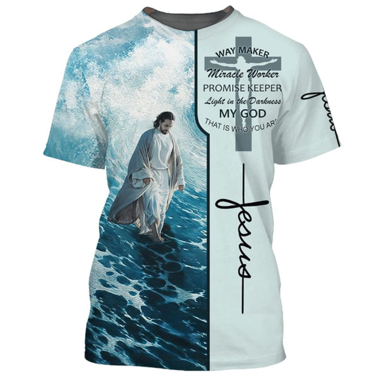 FUNSTUFFPRINT Jesus Walking On The Beach Shirts - Way Maker Miracle Worker Christian 3D T-shirt