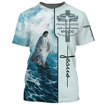 FUNSTUFFPRINT Jesus Walking On The Beach Shirts - Way Maker Miracle Worker Christian 3D T-shirt