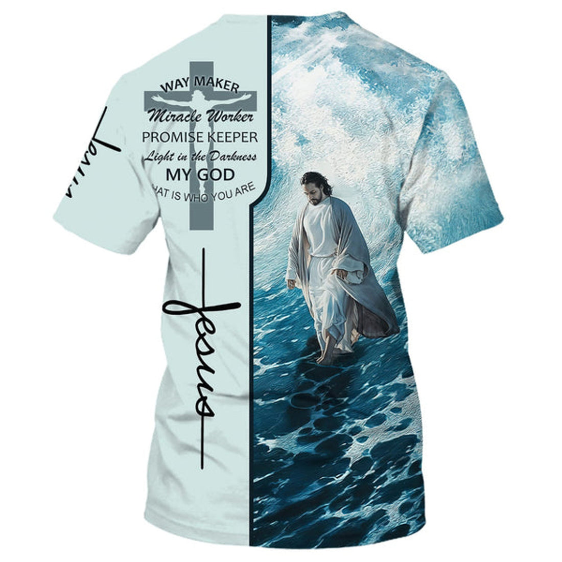 FUNSTUFFPRINT Jesus Walking On The Beach Shirts - Way Maker Miracle Worker Christian 3D T-shirt