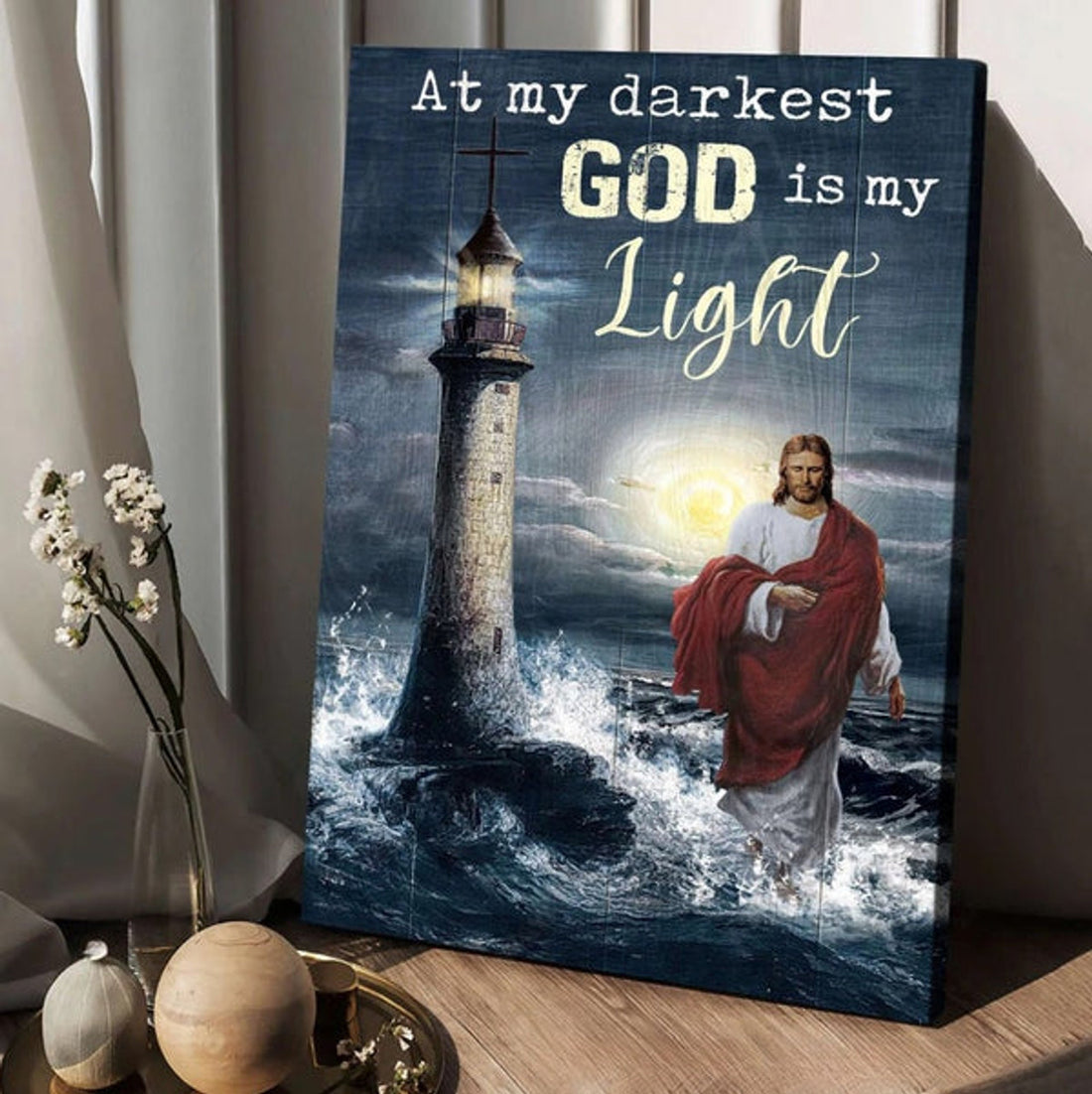 Jesus Walking On Water Lighthouse At My Darkest God Is My Light Canvas Wall Art - Christian Wall Posters - Religious Wall Decor