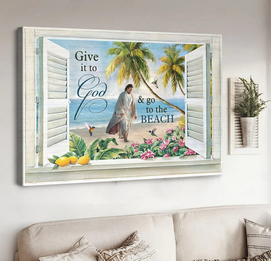 Jesus Walks Sand Beach Palm Trees Give It To God And Go To The Beach Canvas Wall Art - Jesus Canvas Pictures - Christian Wall Posters