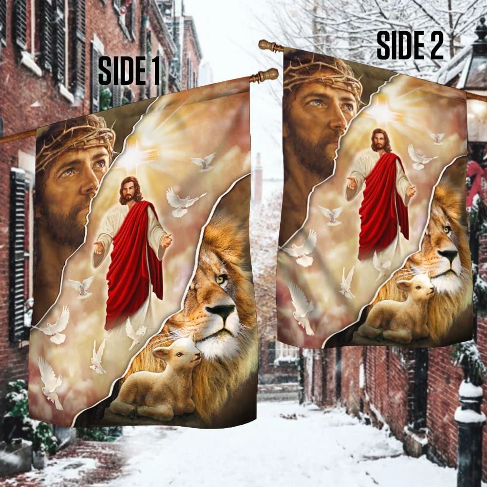 Jesus and Lion One Nation Under God Flag, Outdoor Christian House Flag, Christian Flag, Scripture Flag, Garden Banner